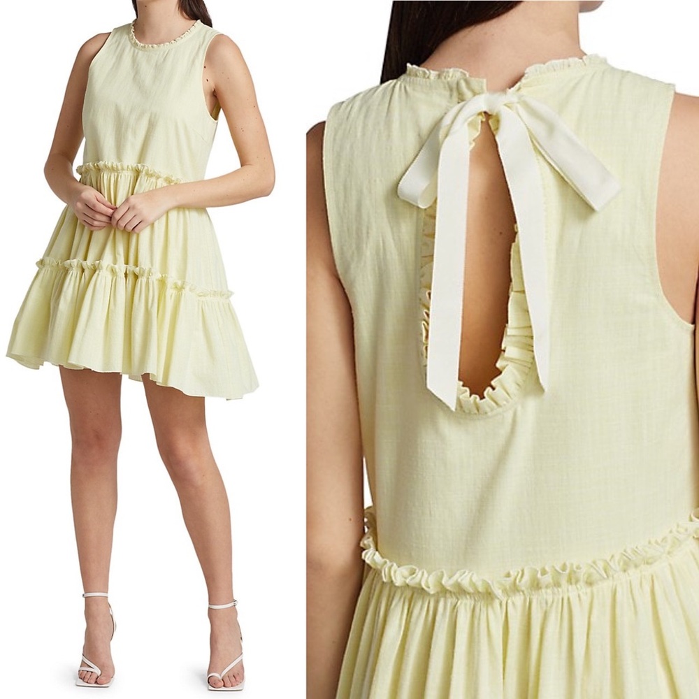 CINQ a SEPT sz LARGE 100% Cotton Tiered Mini Dress NWT Yellow Ruffle Sleeveless